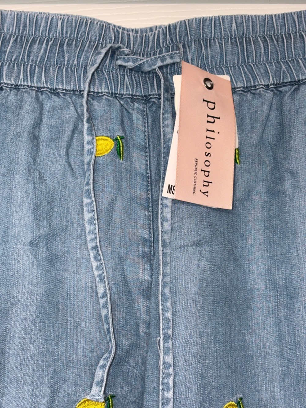 Philosophy Light Blue Denim Shorts with Yellow Lemon Embroidery - Picture 2 of 8